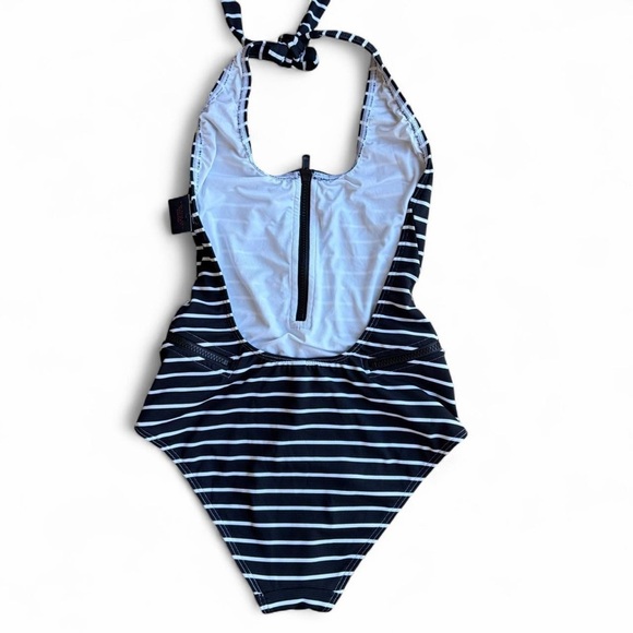 Victoria's Secret black and white striped one-piece swimsuit zipper front small - Picture 2 of 5